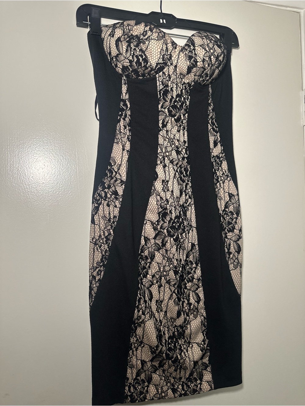 Kardashian Kollection Black and Nude Lace Strapless Bodycon Dress